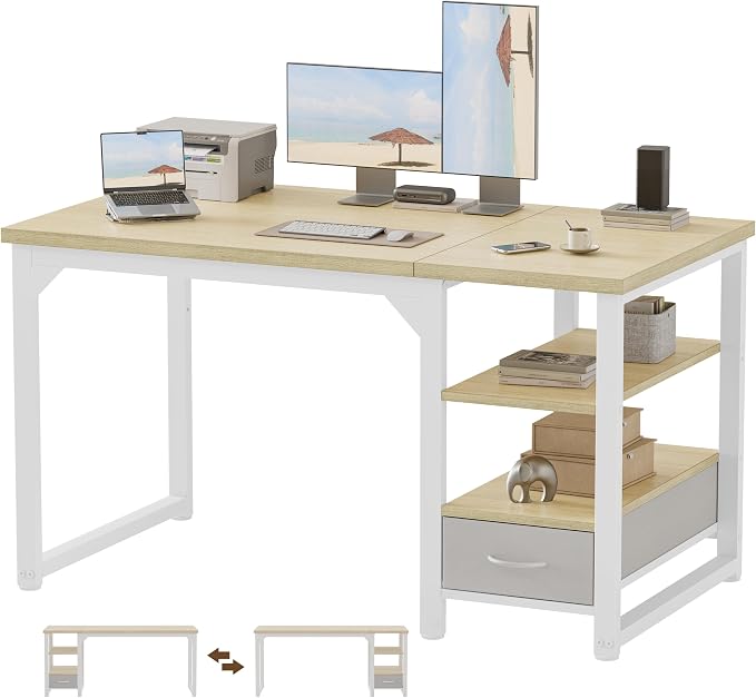 48 in Computer Desk with Drawer, 1" Thick Reversible Office Desk | Modern Writing Table with Storage Shelves, Heavy Duty Industrial Study Desk for Home Bedroom Work