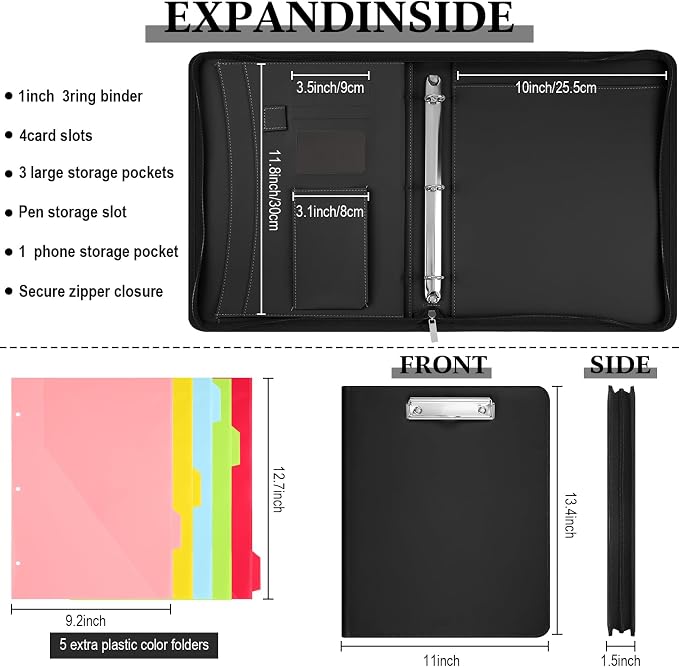 Gilprop 3 Ring Binder with Clipboard, 13.4"x11" Binder Padfolio,Black | Faux Leather Binder Organizer with Zipper, 5 Folder Divider Pages for Documents Business Cards Teachers Nurses School Office