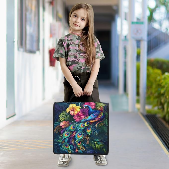 Beautiful Peacock 3 Ring Zipper Binder with Handle 1.5 inch Binder Organizer Bag, Multi Pockets Office File Folder Bag with Shoulder Strap 500 Sheet Capacity