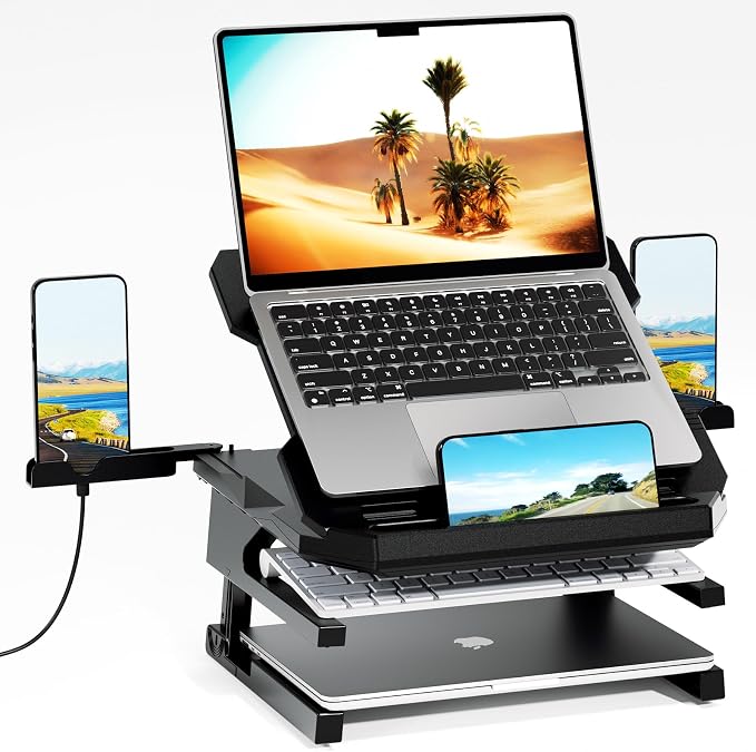 Laptop Stand for Desk, Phone Stand, Extended Laptops Riser, Elevator, 3 Height Adjustable, Rotatable Base, 10-17 Inches