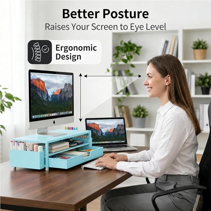 ECOLOVI Desk Organizer and Accessories, 2-Tier Computer Monitor Stand Rise with Storage Drawer & 2 Pen Holders, Laptop & Printer Stand for Desktop, Workspace Organizers for Office Supplies (Blue)