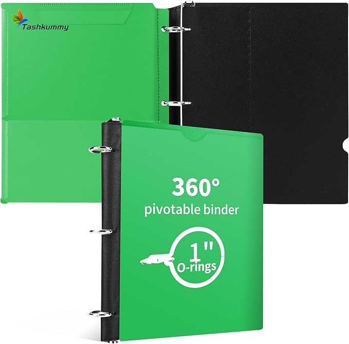 360 Degree Pivotable Binder, Upgraded 3 Ring Binder 1 inch, Flexible Binders 3 Ring, Foldable Three Ring Binders- Green