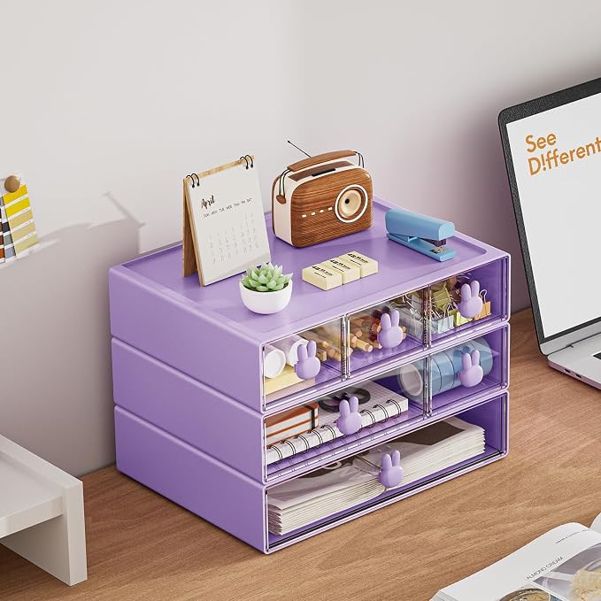 Marbrasse Desk Organizer with 6 Drawers, 3 Tier Stackable Storage Drawers Plastic Makeup Storage, Office Organizers and Storage, Desk Storage Box for Office, School, Home Purple