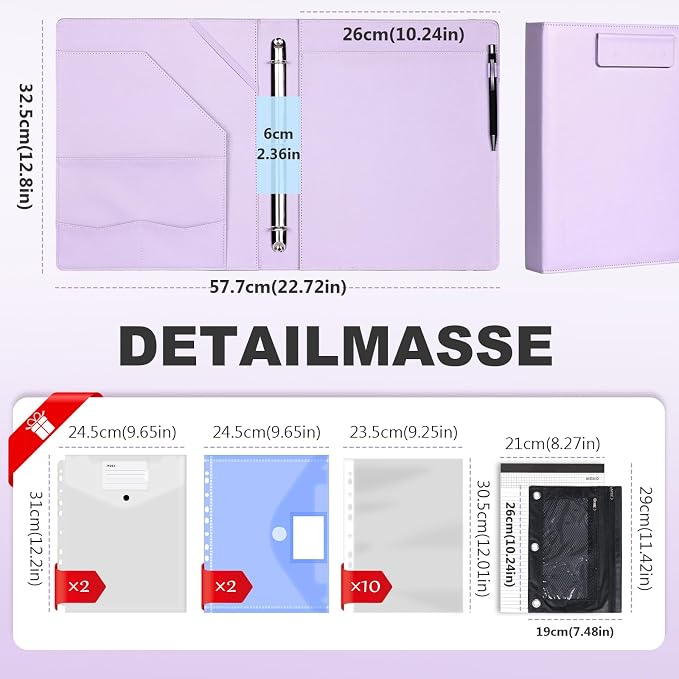 Leathario 1 Inch 3 Ring Binder with Clipboard Storage Vegan Leather | Includes 10 Clear Divider Pockets, 4 Envelope Pockets, 1 Pen Bag and 1 Pen, Suitable for A4/8.5x11 Paper, for Students Work
