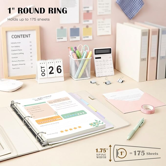 Ospelelf Leather 3 Ring Binder for Letter Size Documents with Pocketed Dividers, 1 Inch Round Rings, Holds 175 Sheets, Binders with Storage Bag & Notepad, for Office School Home Organization, White