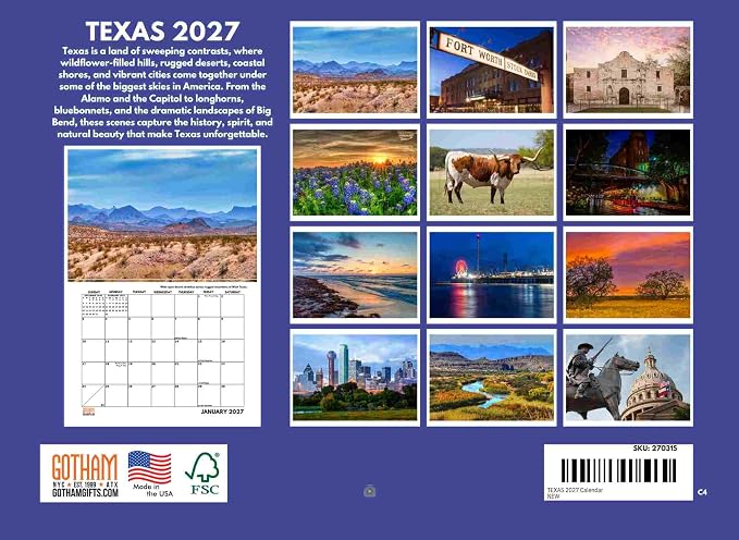 Texas Calendar 2027 Monthly Wall Calender 12 Month