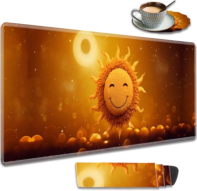 Extended Gaming Mouse Pad 31.5" x 11.8", with Edge Stitching, Non-Slip Rubber Base Keyboard Pad, Suitable for Work, Game, Office, Home and Coasters, Sun Smile Face