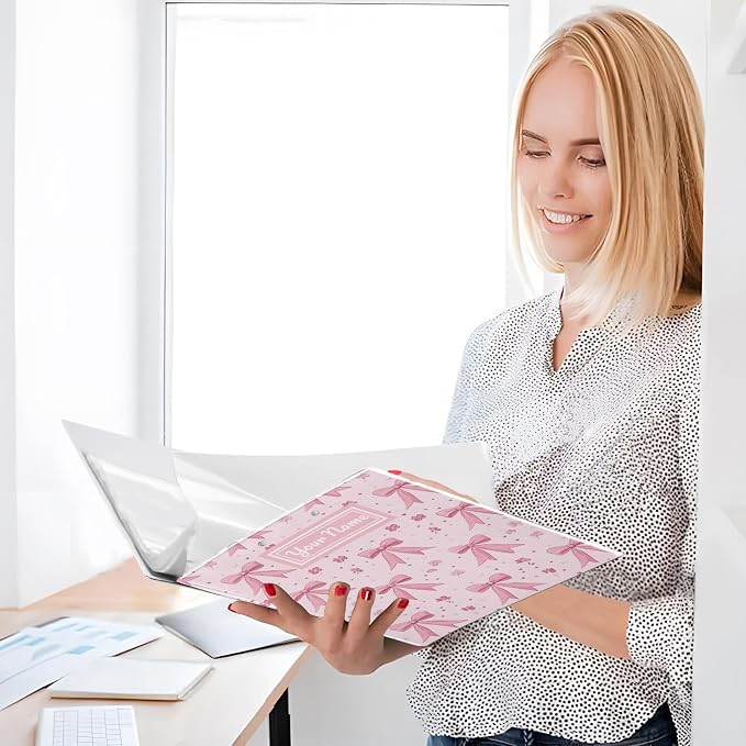 Custom Ribbon Bows Flowers Pink Personalized 3 Round Ring Binders | 1.5 Inch Binder with Clipboard, PVC Pockets, Work Organizer, Holds 200 Sheets for School Office 1 Pack