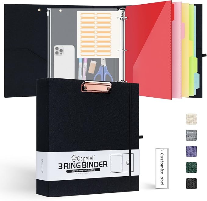 Ospelelf 3 Ring Binder 2 Inch, Round Ring Linen Binder Organizer with Zipper Pouch & PVC Dividers with Pockets, Black Clipboard Binder with Storage, Hardcover Binders for School, Office Supplies