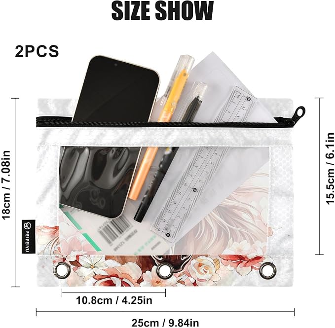 Custom Brown Horse Flower Pencil Pouch for 3 Ring Binder, 2 Pack Personalized Name Waterproof Pencil Bags Clear Window Pencil Case School Office Supplies
