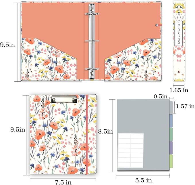 Mini Binder Organizer，1 Inch 3 Ring Binder with Clipboard, 5-Tabs Pockets Dividers, Plastic Folder, 18 Divider Stikers, Pen Loop (Flora, 5.5" x 8.5")