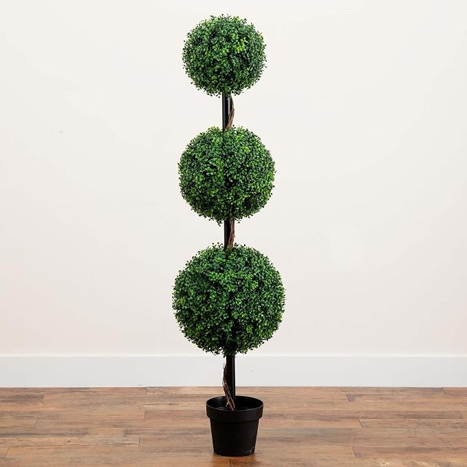 Nearly Natural 5 ft Artificial Triple Ball Boxwood Topiary Tree Floor Plant | Vibrant Weather-Resistant Foliage, Housed in a Nursery Planter, Ideal for Indoor or Covered Outdoor Front Porch Entryways