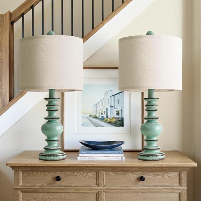 BOBOMOMO 20" Distressed Teal Bedside Lamps Set of 2, Hand-Painted Vintage Resin Lamps with Linen Shades, Cottage Farmhouse Lamp for Living Room, Bedroom, and Hallway, Space-Saving Accent Lamps