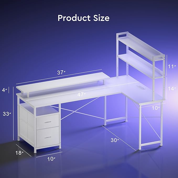 L Shaped Gaming Desk, Reversible with LED Lights, Shelves, White | Reversible, LED lights, Charging, Monitor stand