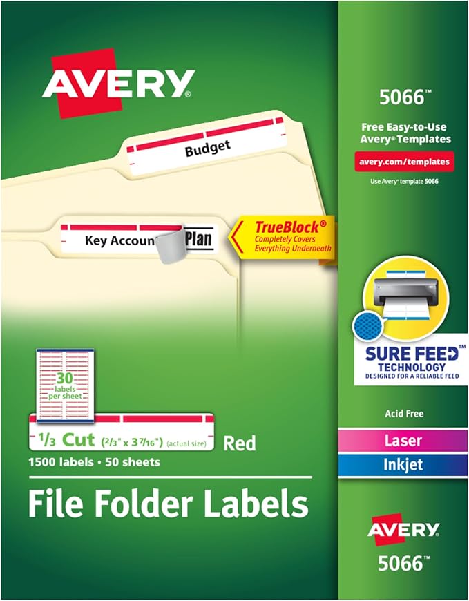 Avery TrueBlock File Folder Labels, 2/3" x 3-7/16", White/Red, 5 Packs, 7,500 Printable Labels Total (5066)