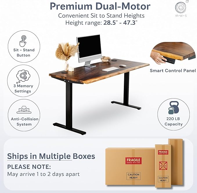 Standing Desk – Walnut Solid Wood Desk, Natural Live Edge, Adjustable Height Dual Motor, Sit Stand for Home Office (Black, W60 x D27)