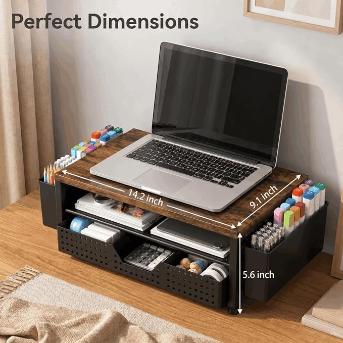 ECOLOVI Desk Organizer and Accessories, 2-Tier Computer Monitor Stand Rise with Storage Drawer & 2 Pen Holders, Laptop & Printer Stand for Desktop, Workspace Organizers for Office Supplies (Brown)