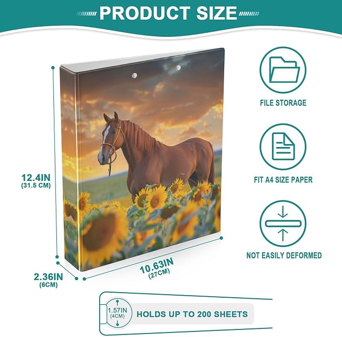 3 Ring Binder Sunflower Horse 1.5 Inch Three Ring Binder | Cute Binder with 3 Storage Pockets for Women School Office Supplies