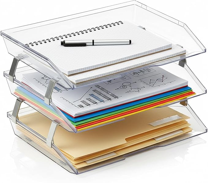 Acrimet 3 Tier Paper Tray Organizer, Letter Size Desk File Organizer Clear | Stackable plastic desktop storage for documents, mail, folders, home office, school and classroom organization and paperwork