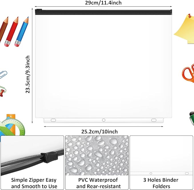 Gersoniel 40 Pieces Binder Pockets 3 Hole Zipper Pouch 3 Ring A4 Pockets with Zipper Binder Folders Plastic Pouches Loose Leaf Bags Waterproof PVC Document Filing Bag(Black)