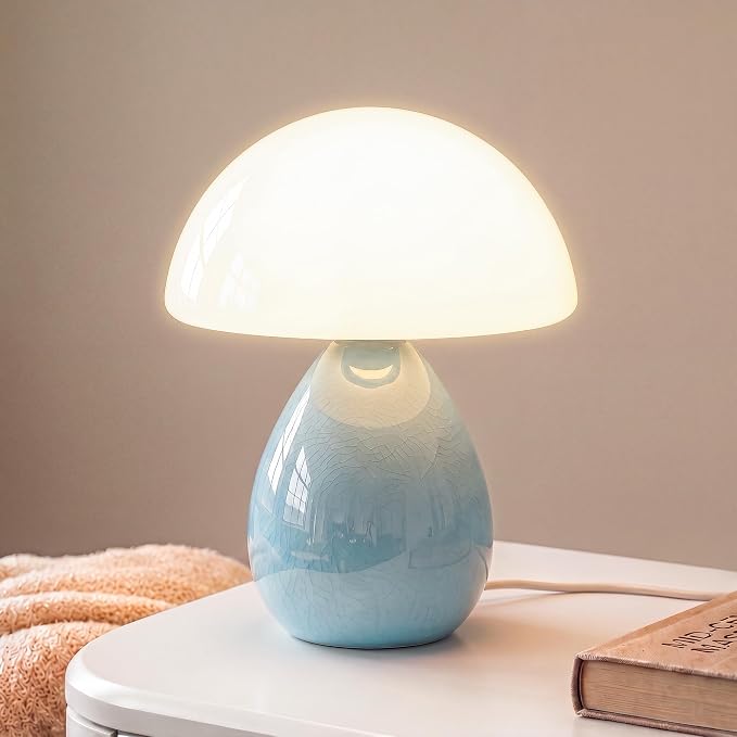 Mushroom Lamp Table Lamp for Bedroom-Small Desk Table Lamps,Blue | Ice Crackle 8.7" Mid Century Modern Table Lamps for Living Room Bedroom Decor,Ceramic Lamps for Home Room Decor,Glass Shade