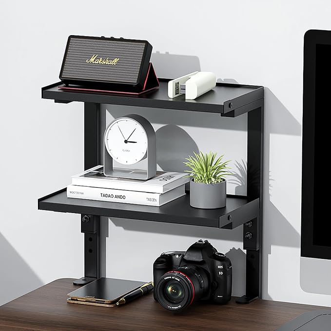 2-Tier Desk Shelf | Desk Organization Expandable Clamp on Desk Shelf Desktop Accessories for Offices and Game Rooms (Black)