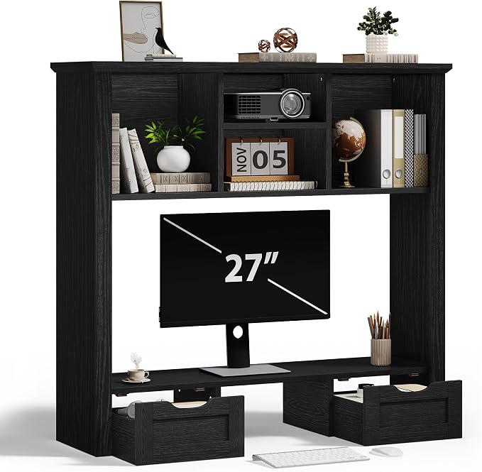 Desk Shelf with Computer Monitor Stand, 37.4''W Desktop Bookshelf | Display Rack, Desktop Organizer Storage Rack with Cubbies & Drawers, 5-Tier Hutch for Home, Office, Dorm, Vanity, Black