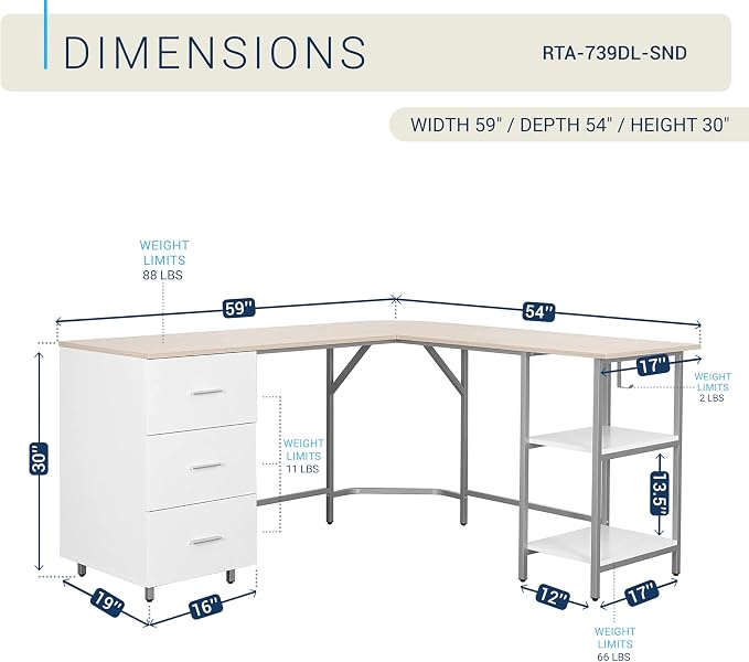 Techni Mobili 59" Two-Tone L‑Shaped Office Desk with Storage Shelves, Sand | 59" two‑tone L‑shaped desk with storage shelves, durable frame, modern corner workstation, spacious home office writing space