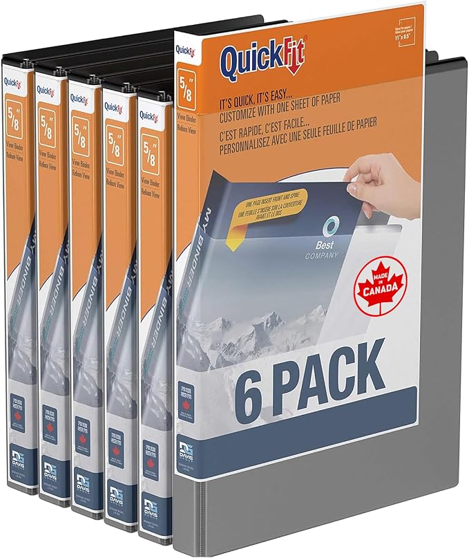 QuickFit View Binder, 3-Ring Binder for School or Office, D Ring, Black, 6 Pack, 5/8 Inch