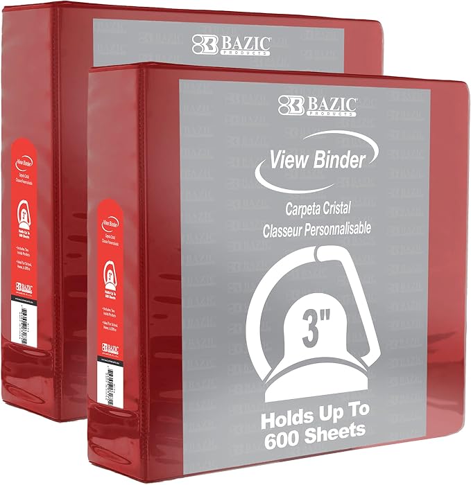 BAZIC Products 3" Burgundy 3-Ring View Binder, Slant-D Ring, 2-Pack | 2 inside pockets, 3 in Burgundy view 3-ring binder, slant-D rings, holds up to 600 sheets, Durable poly cover, 2 Pockets
