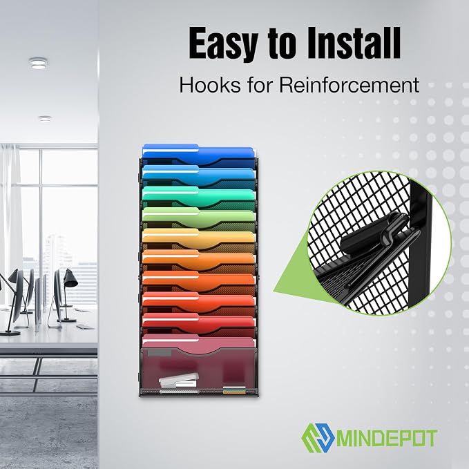 MINDEPOT 11 Tier Wall File Holder Hanging Wall Mount Paper File Organizer for Mails Folders Document Magazine Organization, for Office School Home, Black