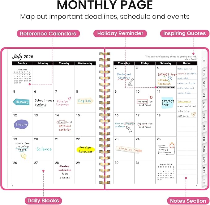 Taja Planner 2026-2027, Jul 2026-Jun 2027 Monthly & Weekly Calendar Book | 6.3" x 8.5", Hardcover Academic Calendar with Tabs, Teacher Student Agenda Book for School Office Supplies - Berry Pink