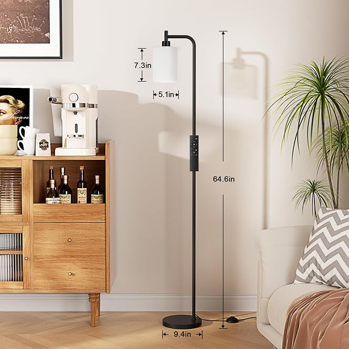 Ziisee Floor Lamps for Living Room - Standing Lamp with Remote Control Glass Shade, Modern Floor Lamp with LED Bulbs, Bright Industrial Floor Lamp for Bedroom, Black Tall Lamp for Office