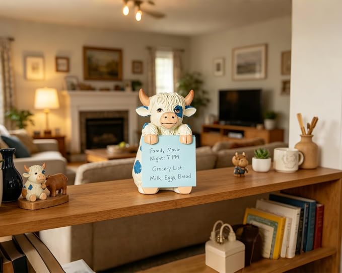 Highland Cow Pop-Up Sticky Note Dispenser for 3 x 3 in Notes, Blue | Includes 100 sheets, handmade resin desk decor for office, home or classroom, gift for teacher, coworkers and cow lovers