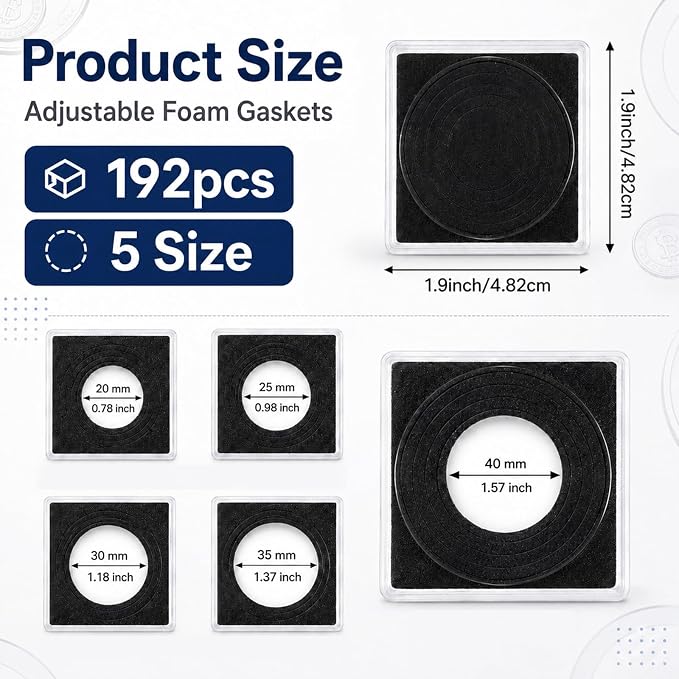192 Pcs Plastic Coin Holders with 5 Sizes Adjustable Silver Dollar Coin Holder Capsule Protectors Snap Holders Silver Dollar Protection Cases for Collection Supplies Storage Display （20-40mm）