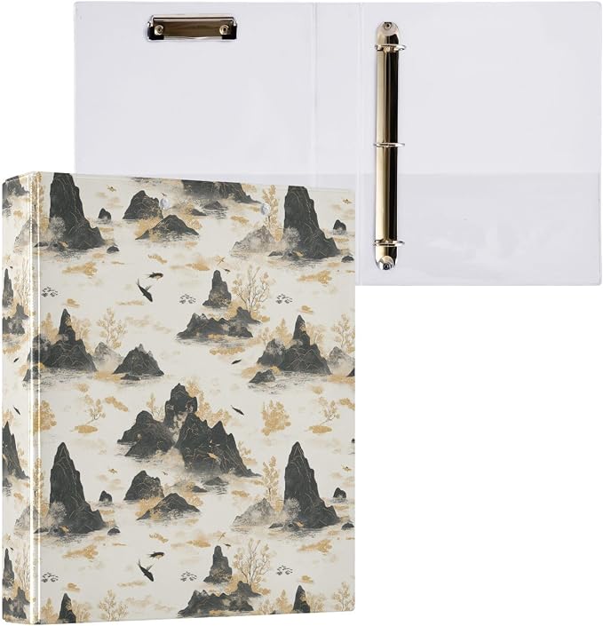 Chinese Landscape Binder 1.5 Inch Binder with Clipboard&Pockets, Ink Painting Mountain Hardcover Binders 3 Ring, Heavy Duty Large File Folder for Office School Supplies-Holds 200 Sheets, 2 PC