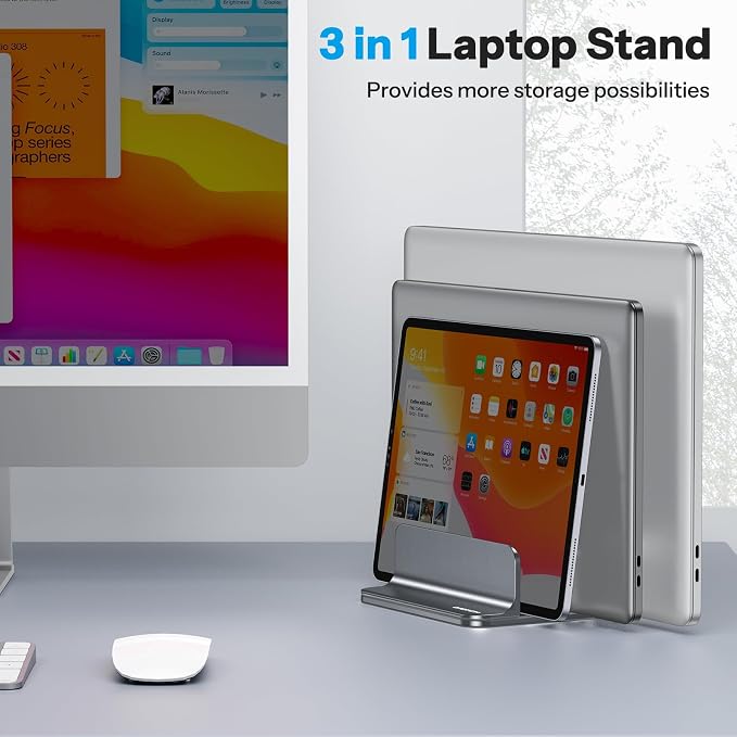 OMOTON 3-Slot Multiple Vertical Laptop Stand, Fits All MacBook, Grey | Adjustable Width 0-1.38", Aluminum Office Space-Saving for Desk, Fits MacBook/Book/iPad Up to 17.3in