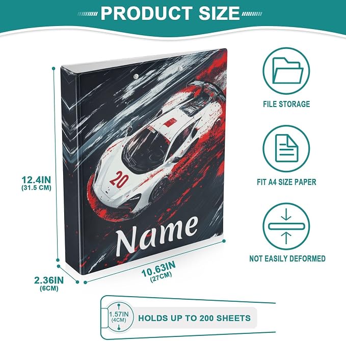 Custom 3 Ring Binder Truck Racing Car 1.5" Round Ring Binders Personalized Name View Binder with 200 Sheet for Kids School Supplies Women Men Office, 1 Pack