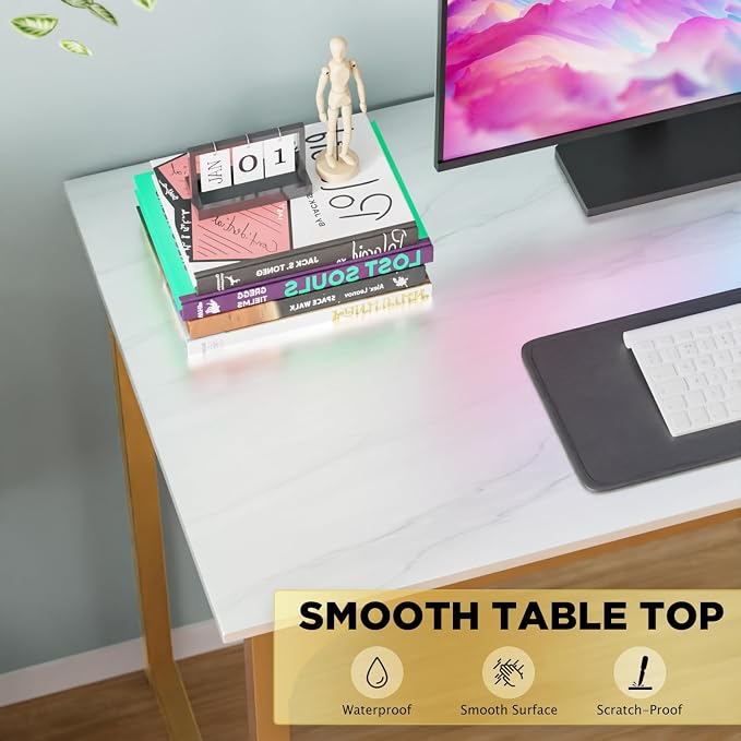PayLessHere | 39 Inch Computer Desk | White Gold | Sturdy Office Desk | Metal Frame, Adjustable Feet | Water-Resistant, Scratchproof Surface | Writing Table for Home Office or Study | Pack of 1