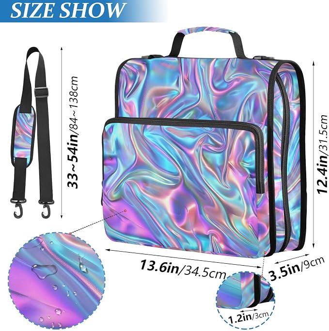 Metallic Liquid Painting Rainbow 3 Ring Binder Bag 1.5 inch Binder Organizer with Zipper Shoulder Strap 500 Sheet Documents Storage for School Office