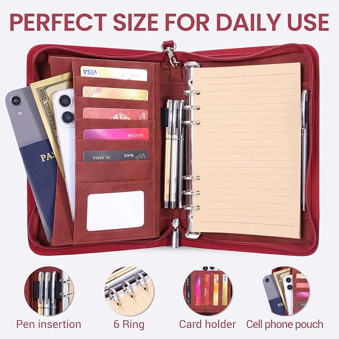 A5 Binder 6 Ring with Zipper, Portable Planner for Travel & Study | Faux leather A5 planner with detachable 6 rings, lined pages, pouches, card slots and pen holder for daily use.