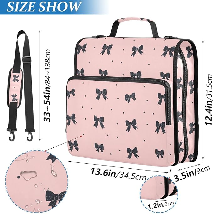 Black Bow Dot Pink Zipper Binder with Shoulder Strap Trapper Keeper 3 Ring Binder Organizer Large Capacity Multiple Compartments for School Office