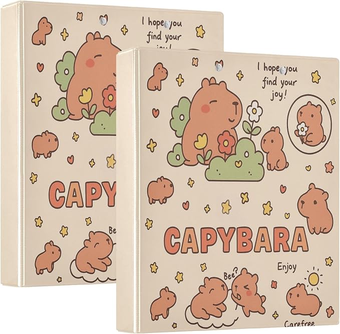 Capybara Round Ring Binders 1.5 Inch Cats Dogs Animals 3 Ring Clipboard Binder for Office School Work Supplies File Folder 200 Sheet Capacity Easy Open 2 Pieces