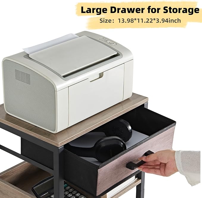 Lerliuo 3-Tier Printer Stand with Fabric Drawer and Shelves, Grey | Three-tier printer stand with fabric drawer and two shelves for paper, office supplies, scanners and fax machines