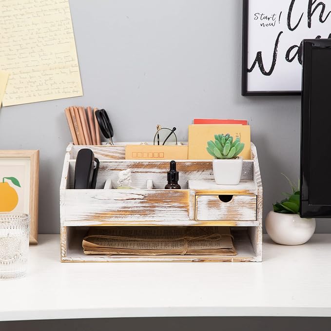 Wood Desk Drawer Organizers with File Organizer Pen holder Office Decor combo Organization Home Can Arrange calculators scissors pens note papers, etc. (washed white)