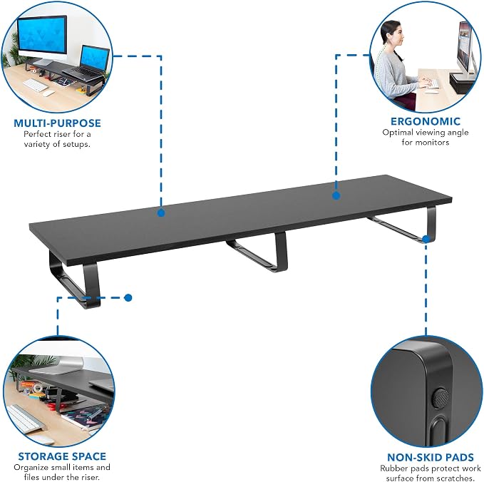 Mount-It! 39" Extra Long Dual Monitor Stand Riser – Ergonomic Desk Organizer for 2 Monitors, Laptop, TV, or Printer – Heavy-Duty Steel & Wood Desktop Shelf with Storage – Supports 44 Lbs – Black