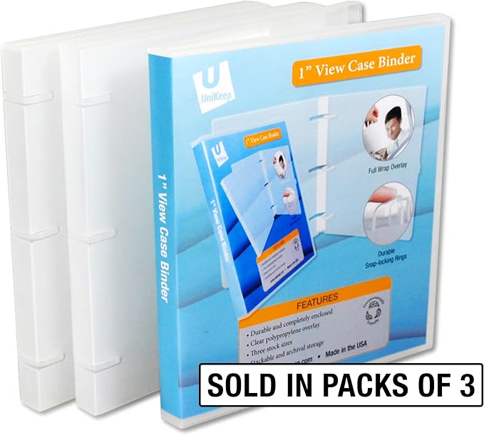 UniKeep 3 Ring View Binder - Binder Case is Fully Enclosed - Available in White, Clear, or Black and in Different Spine Sizes (Pack of 3, Clear, 1.0 Inch)