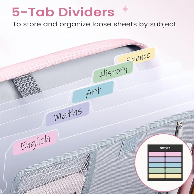 Sooez Zipper Binder Bag, 1.5 Inch Binders 3 Ring O-Ring, 5-Tab Dividers | Expanding File Folder, 650-Sheet Capacity Paper Organizer, Cute Organizer Storage for Student School Classroom Supplies, Pink