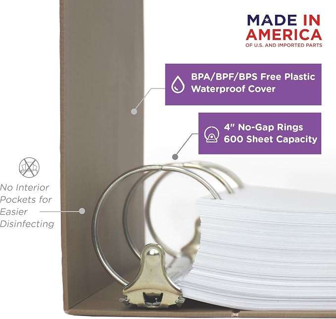 Carstens 4-Inch Heavy Duty 3-Ring Binder - Side Opening, Sand, Durable Plastic, No-Gap Rings, Waterproof Cover, No Pockets, Holds 600 US Letter Sheets, BPA-Free, Made in USA (1846-3R), Case of 10