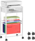 Cawukege 3 Tier Printer Stand, Small Mobile Table with Wheels, Printer Shelf Rolling Cart with Storage Desk Organizer Hanging File for Office Home, White